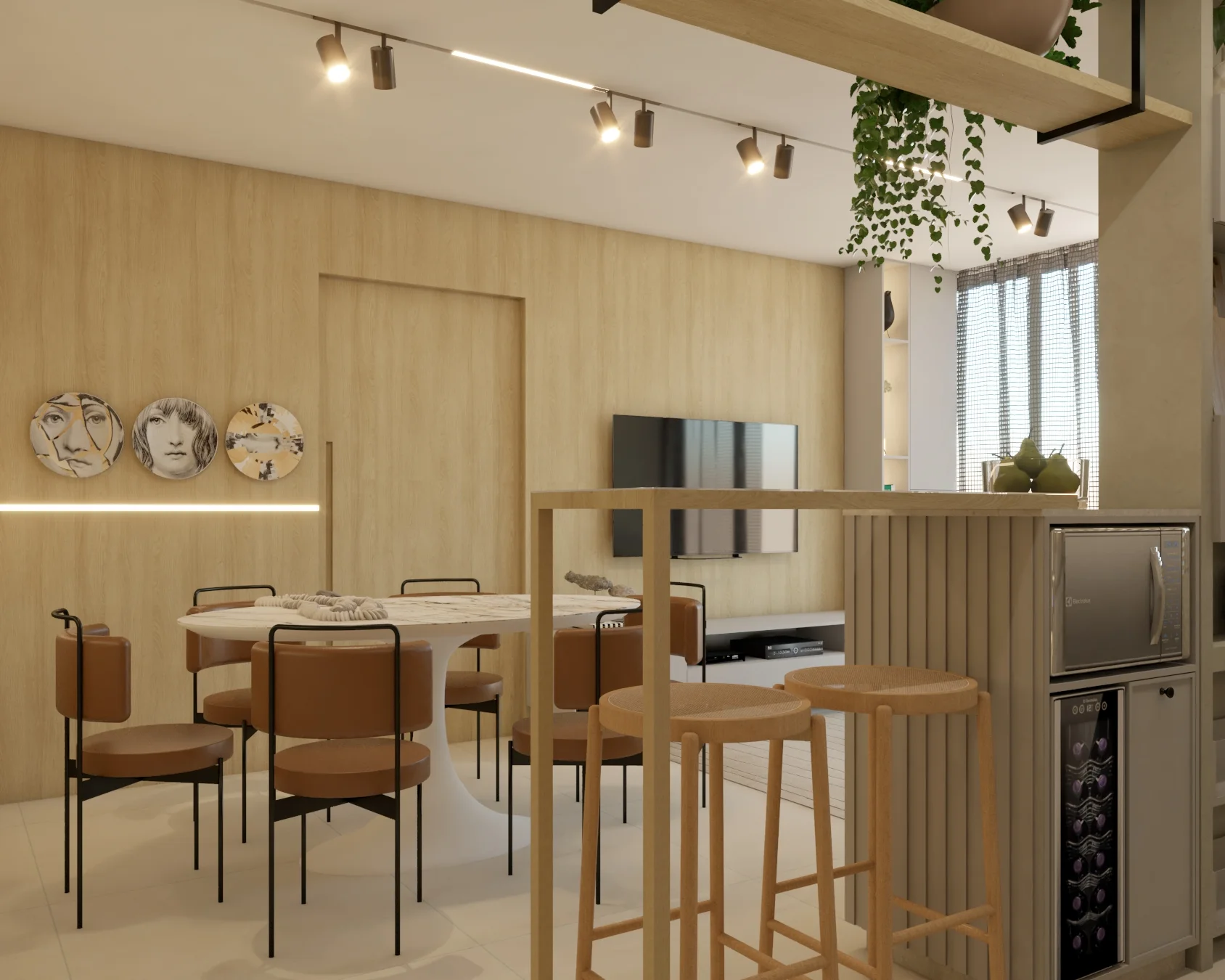 Ambiente social integrado em tons claros