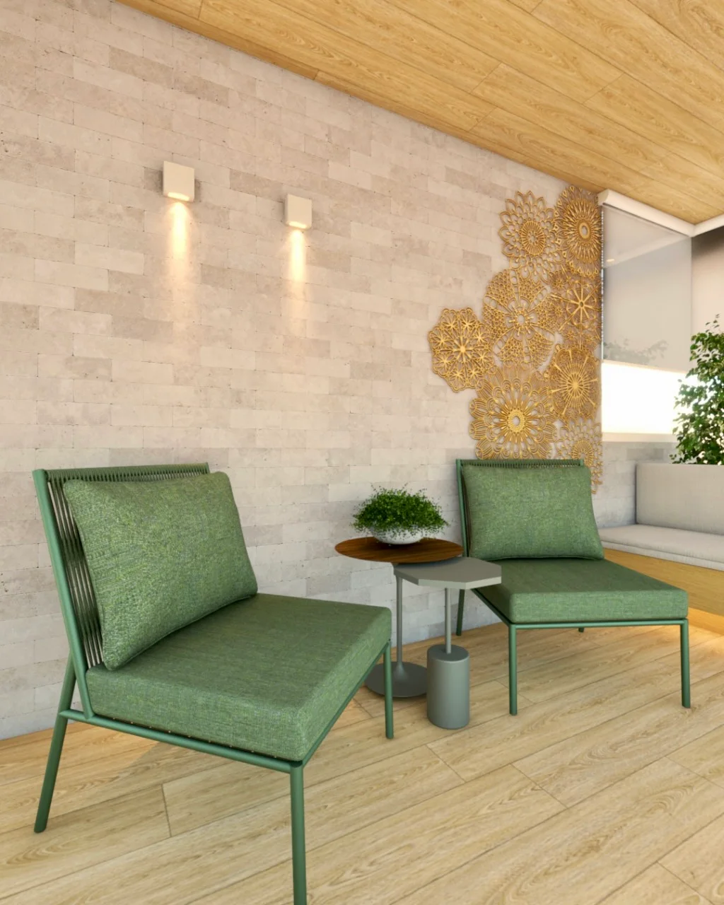 Interior com poltronas verdes, painel artístico e luz natural
