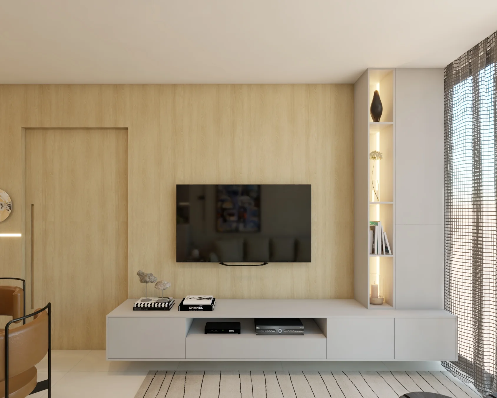 Sala clara com painel de televisão