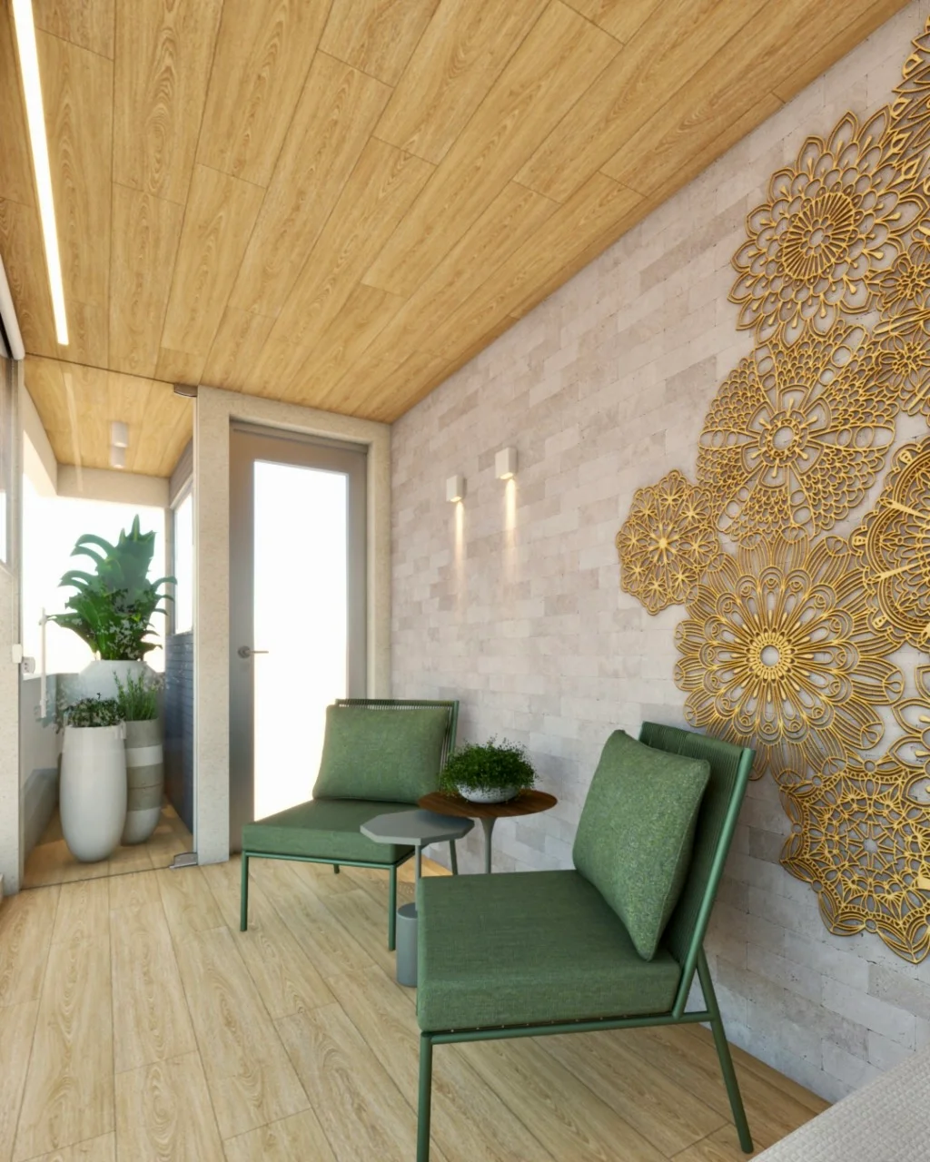 Varanda com poltronas verdes, vegetação e painel